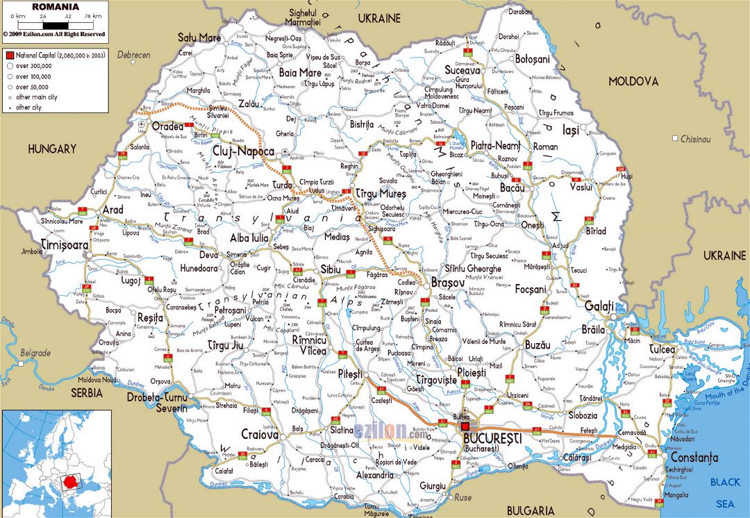 Large road map of Romania with cities and airports