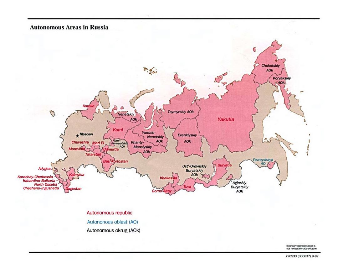 Detailed map of Autonomous Areas in Russia - 1992