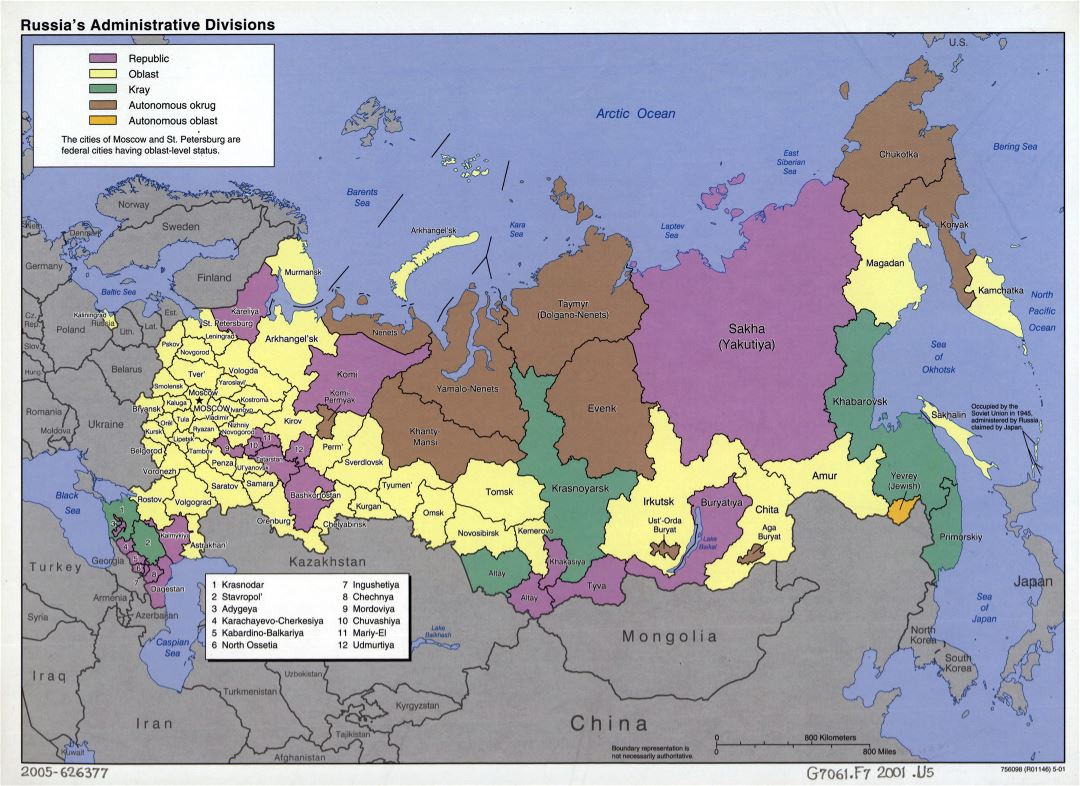 Large detailed administrative divisions map of Russia - 2001