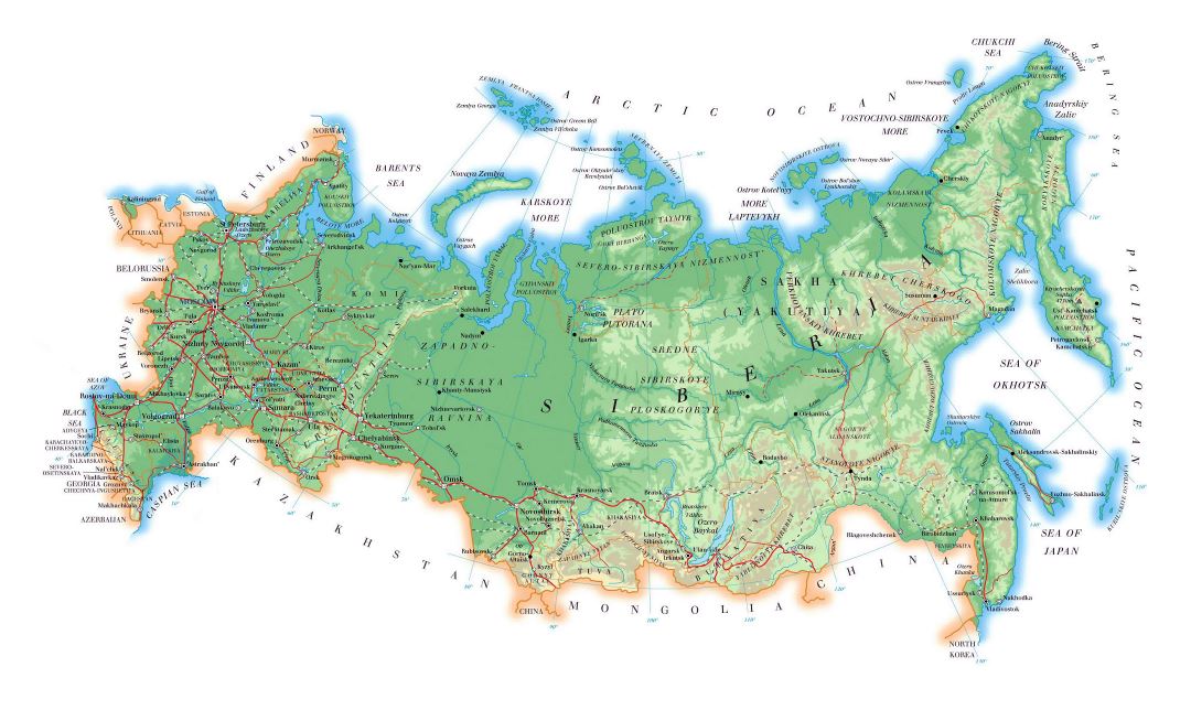 Large elevation map of Russia with roads, major cities and airports