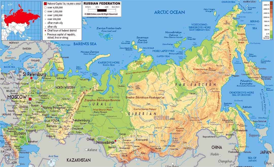 Large physical map of Russia with roads, cities and airports