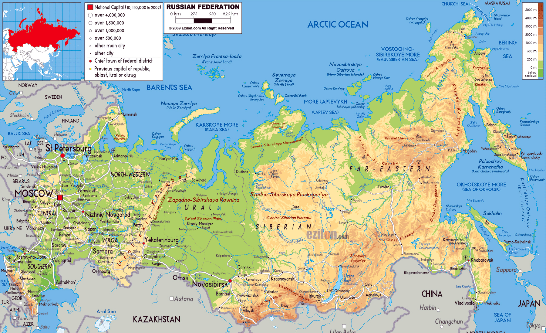 Large Physical Map Of Russia With Roads Cities And Airports Russia