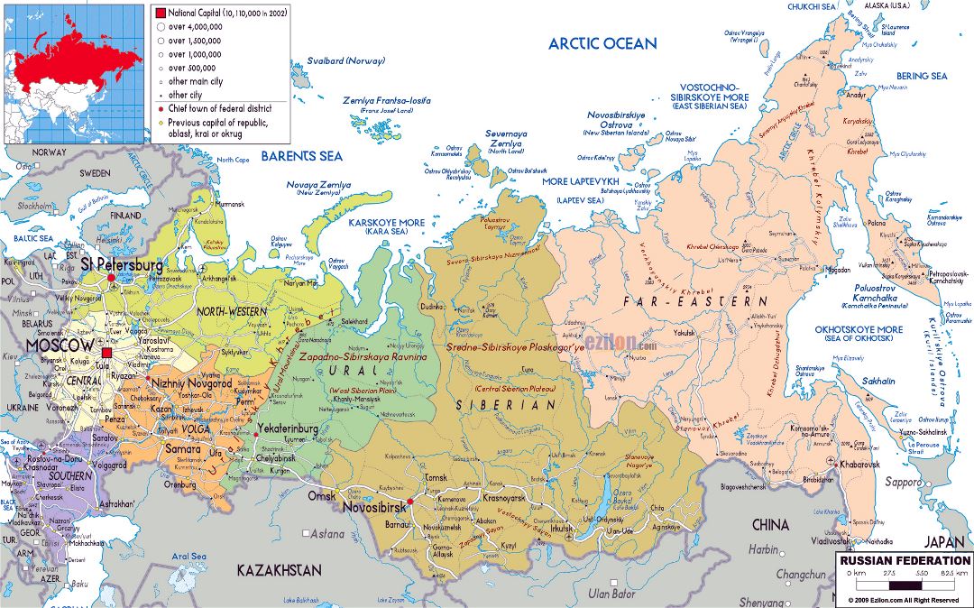 Large political and administrative map of Russia with roads, cities and airports