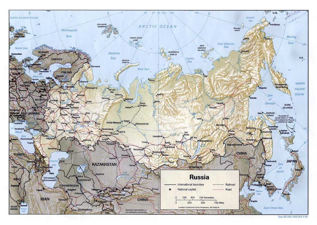 Large political map of Russia with relief, roads, railroads and major cities - 1994