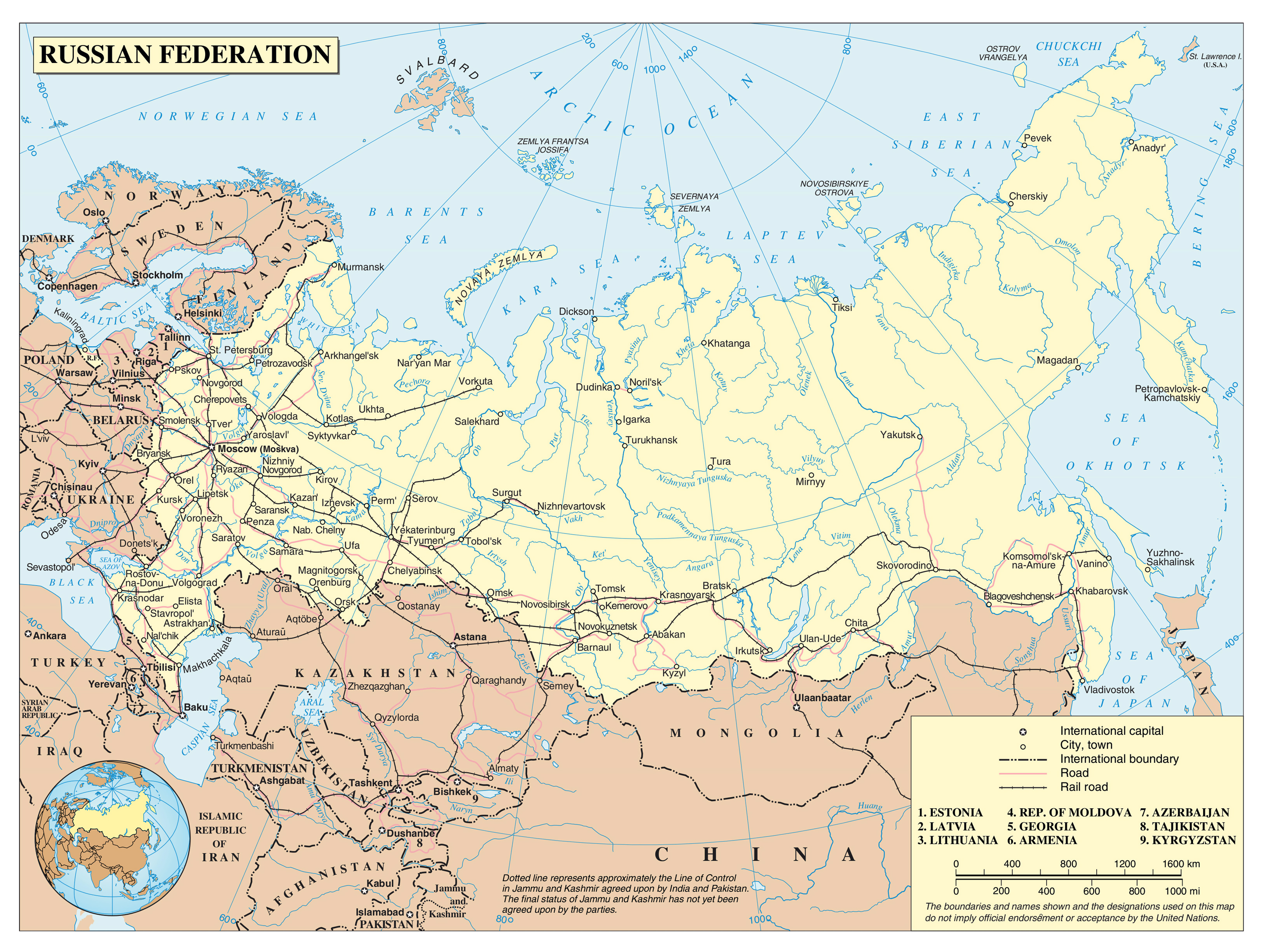 Large political map of Russia with roads, railroads and major cities