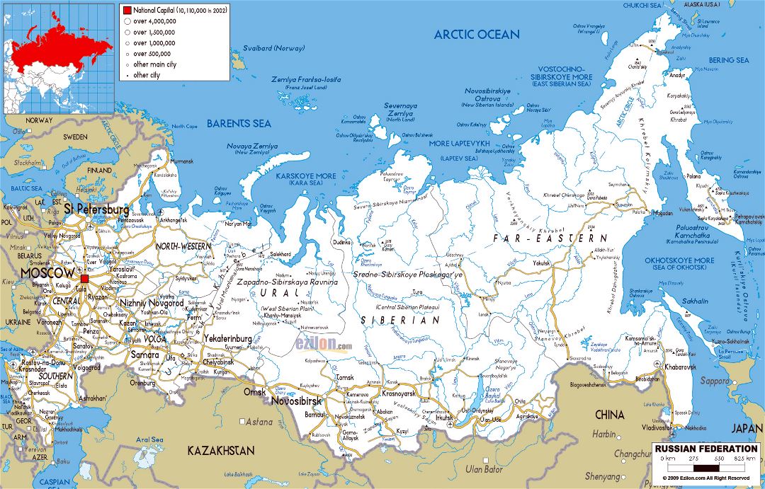 Large road map of Russia with cities and airports