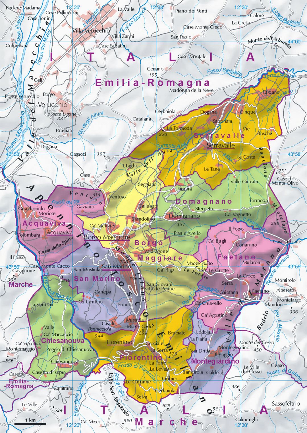 Detailed administrative map of San Marino with relief