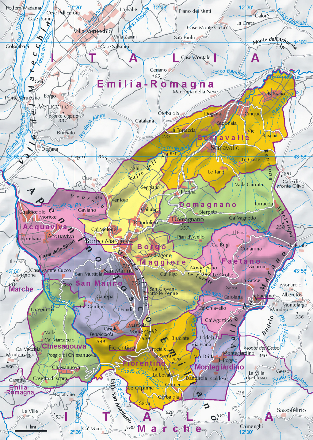 Detailed administrative map of San Marino with relief ...