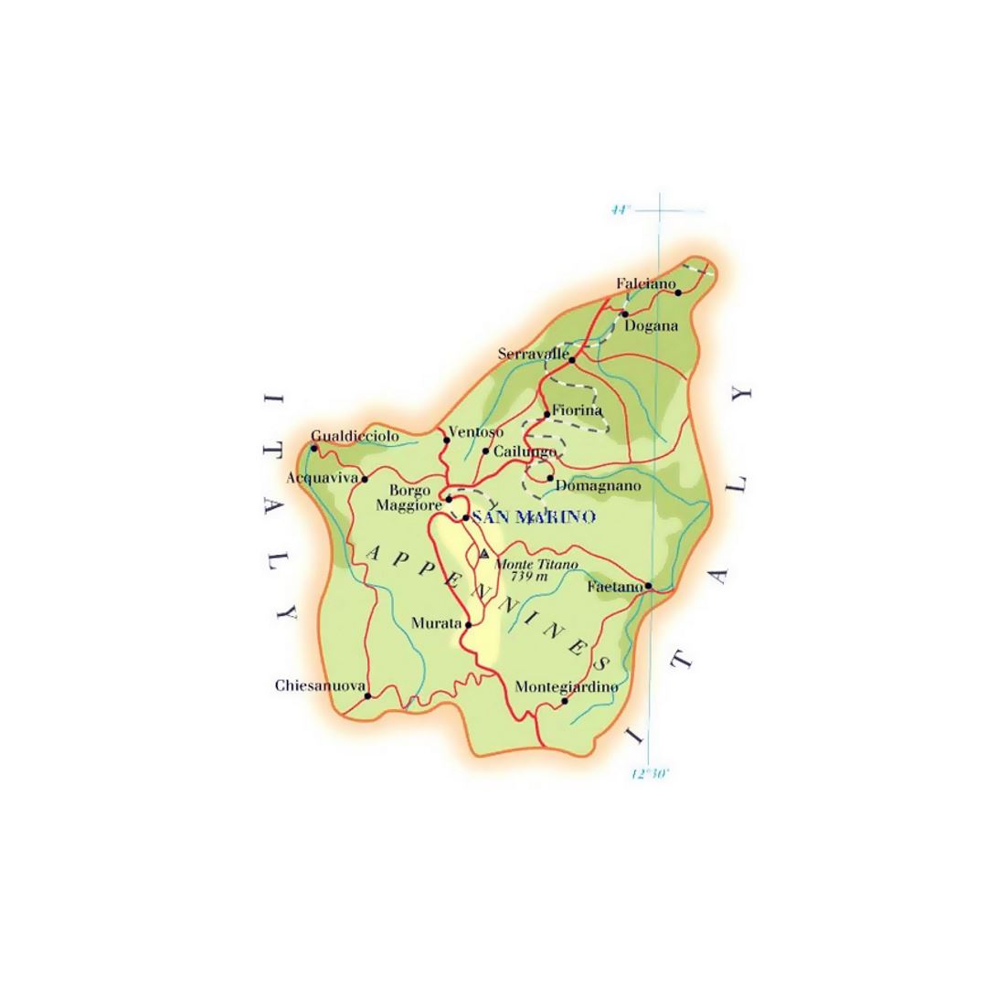 Detailed elevation map of San Marino with roads and cities