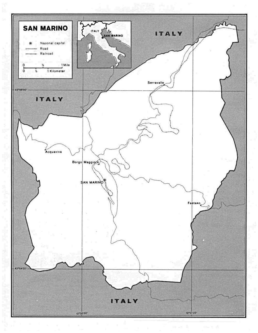 Detailed political map of San Marino with roads and cities