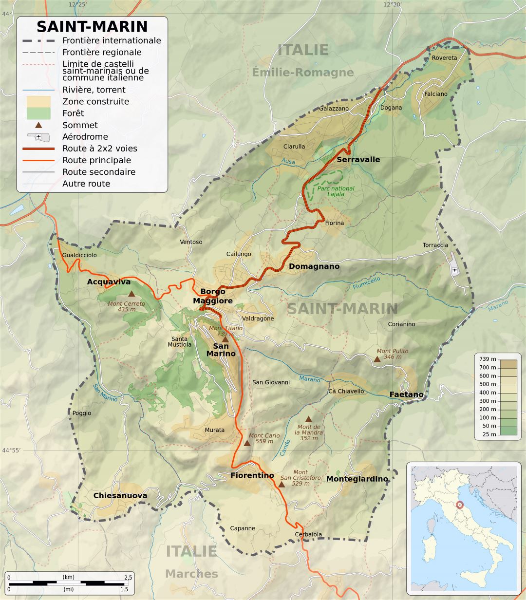 Large detailed physical map of San Marino with roads, cities and other marks in french