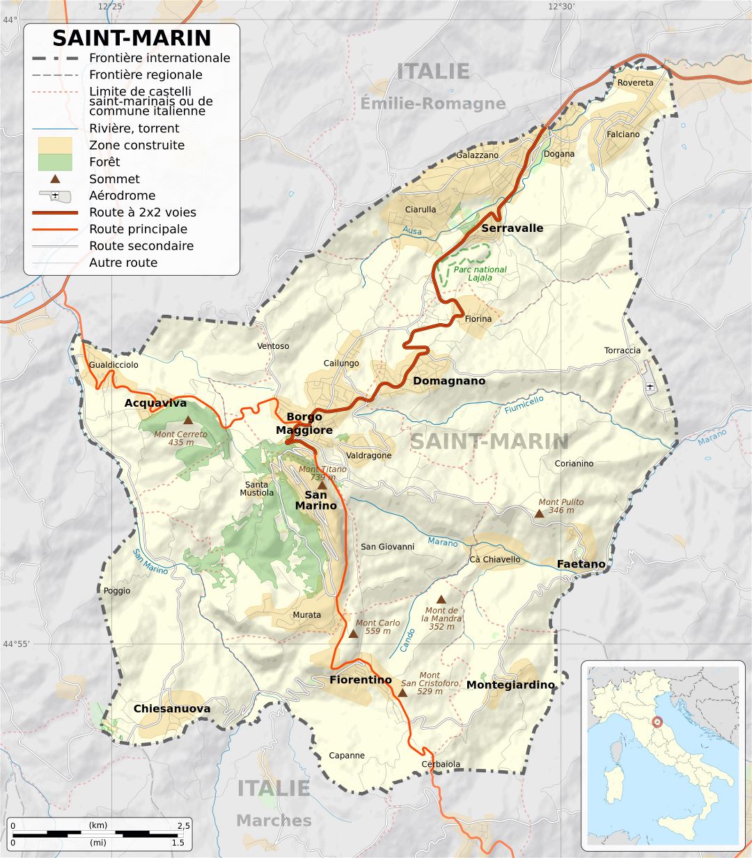 Large detailed political map of San Marino with relief, roads, cities and other marks in french