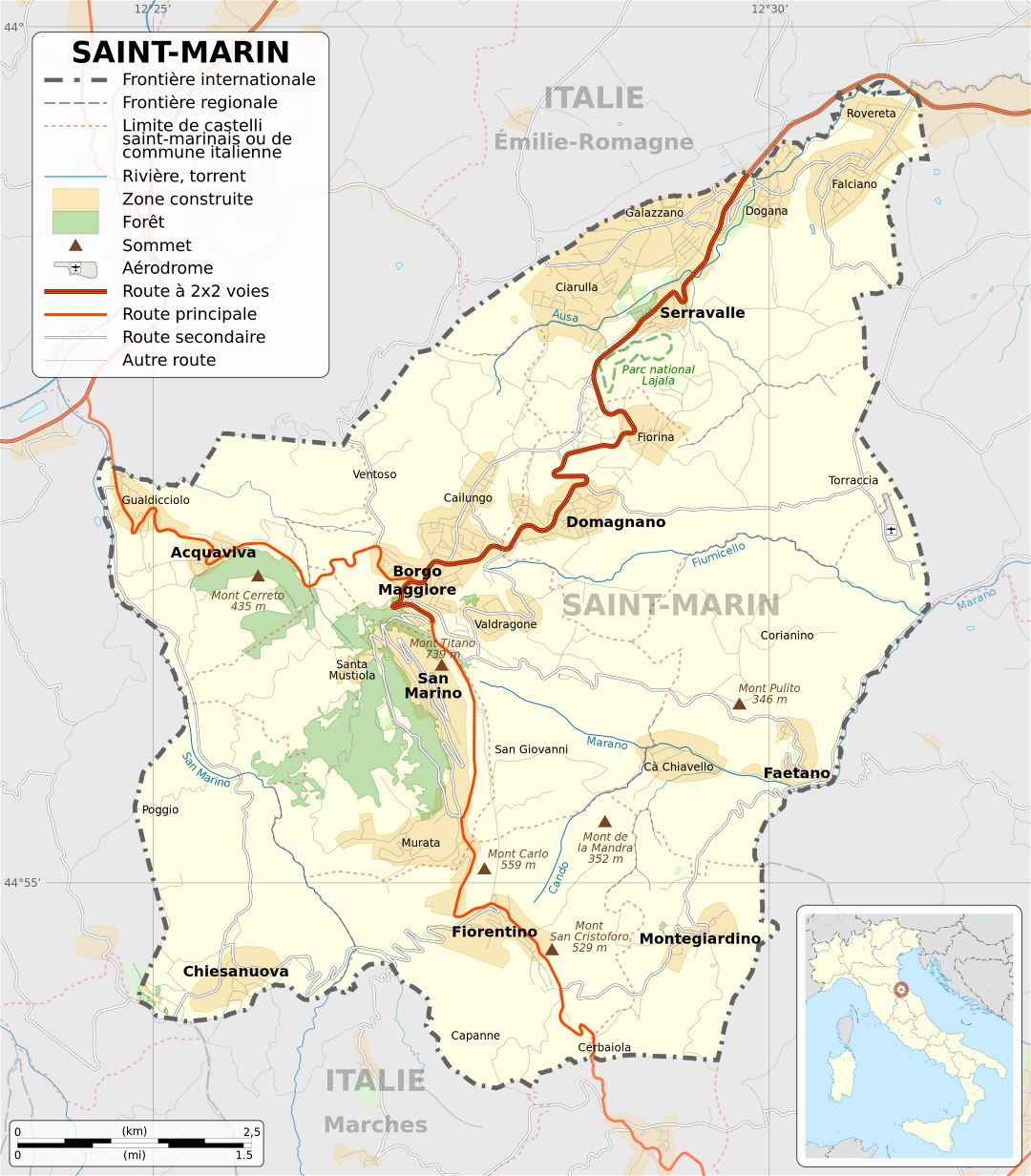 Large detailed political map of San Marino with roads, cities and other marks in french