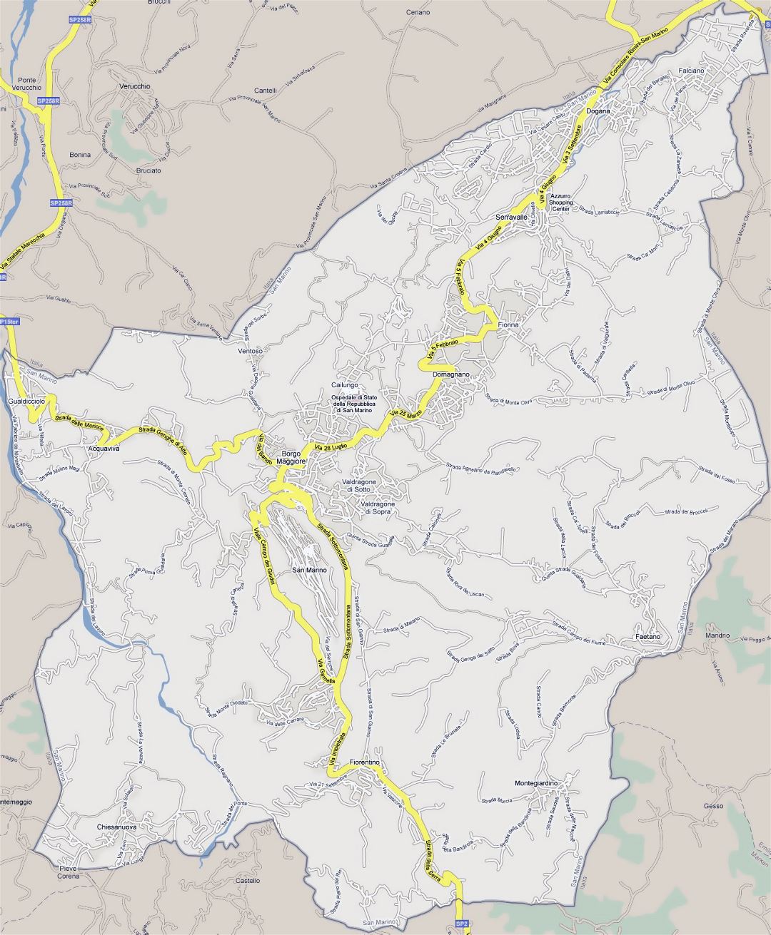 Large detailed road map of San Marino with cities