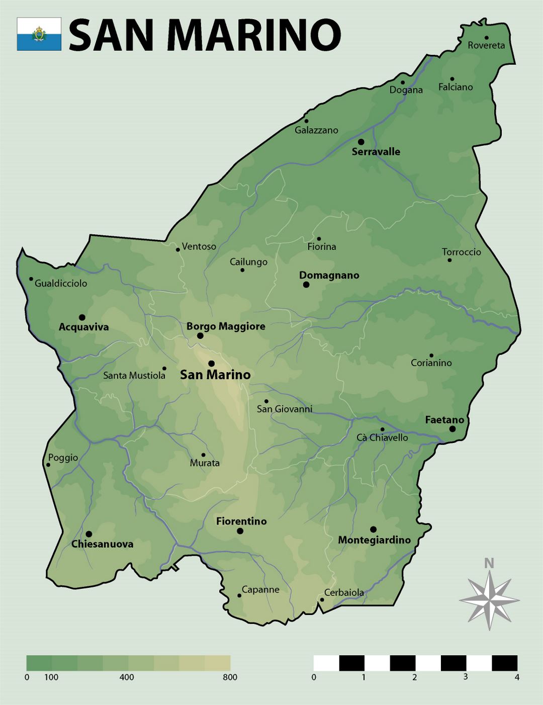 Large elevation map of San Marino with cities