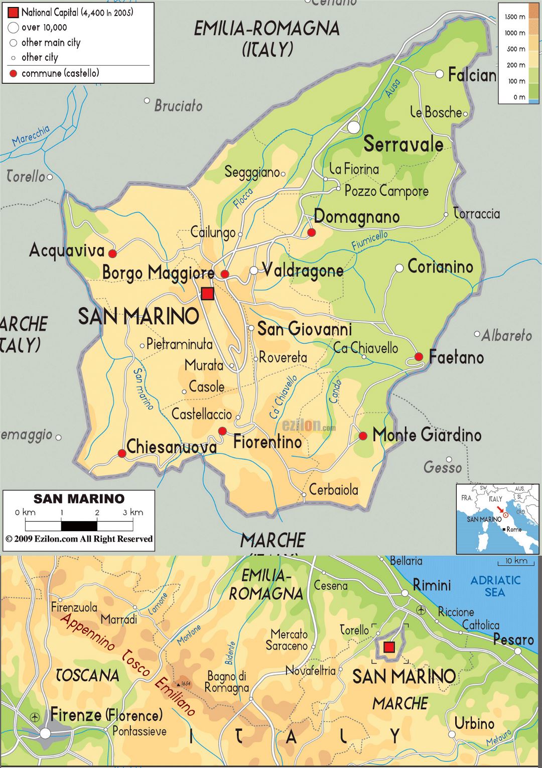 Large physical map of San Marino with roads and cities