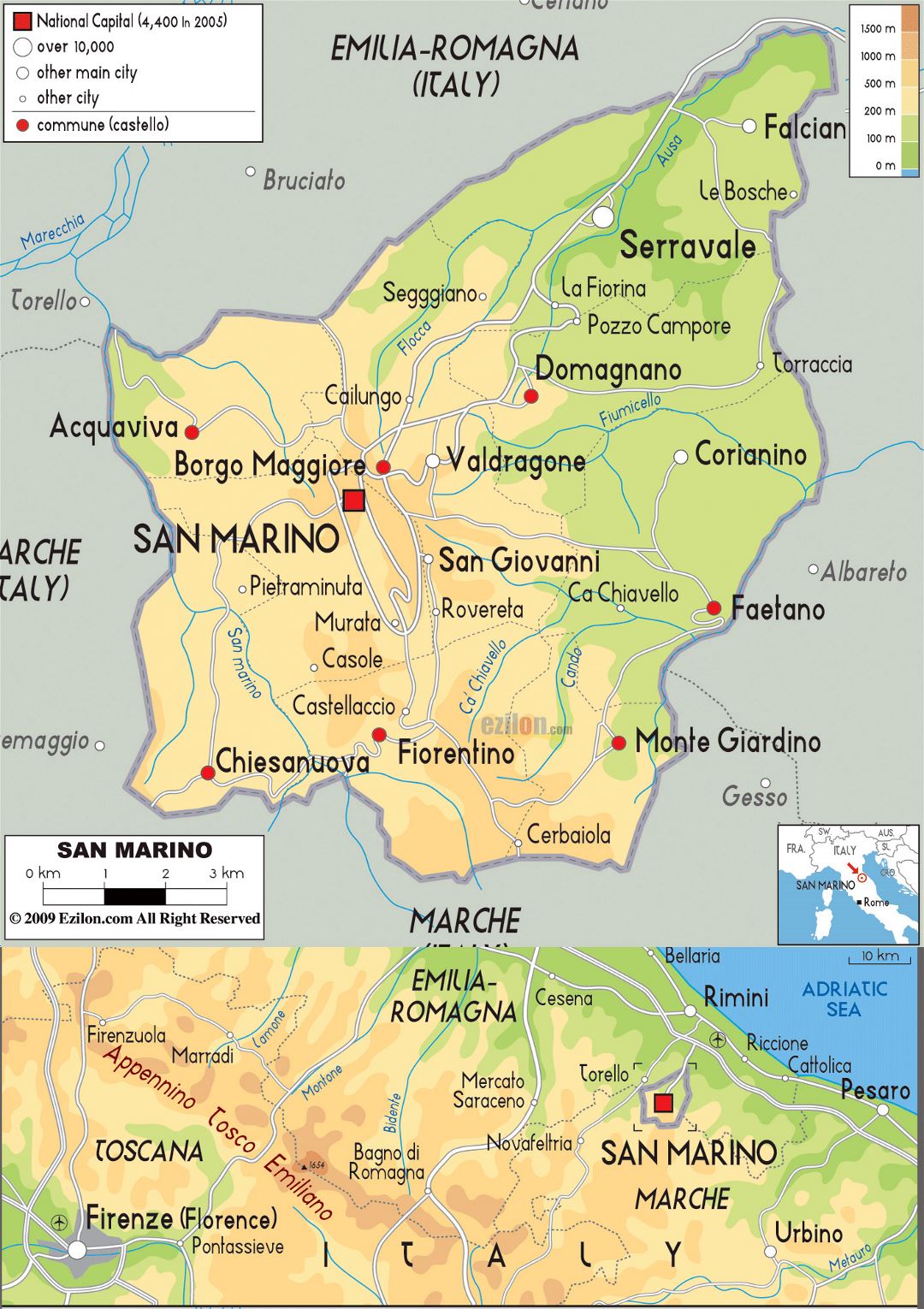 Large Physical Map Of San Marino With Roads And Cities San Marino 