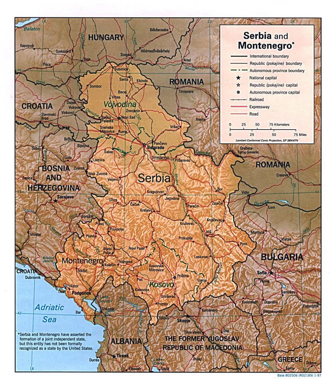 Detailed political map of Serbia and Montenegro with relief - 1997