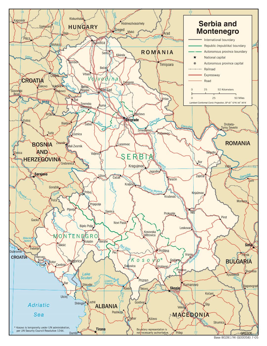 Large detailed political map of Serbia and Montenegro with roads, railroads and major cities - 2005