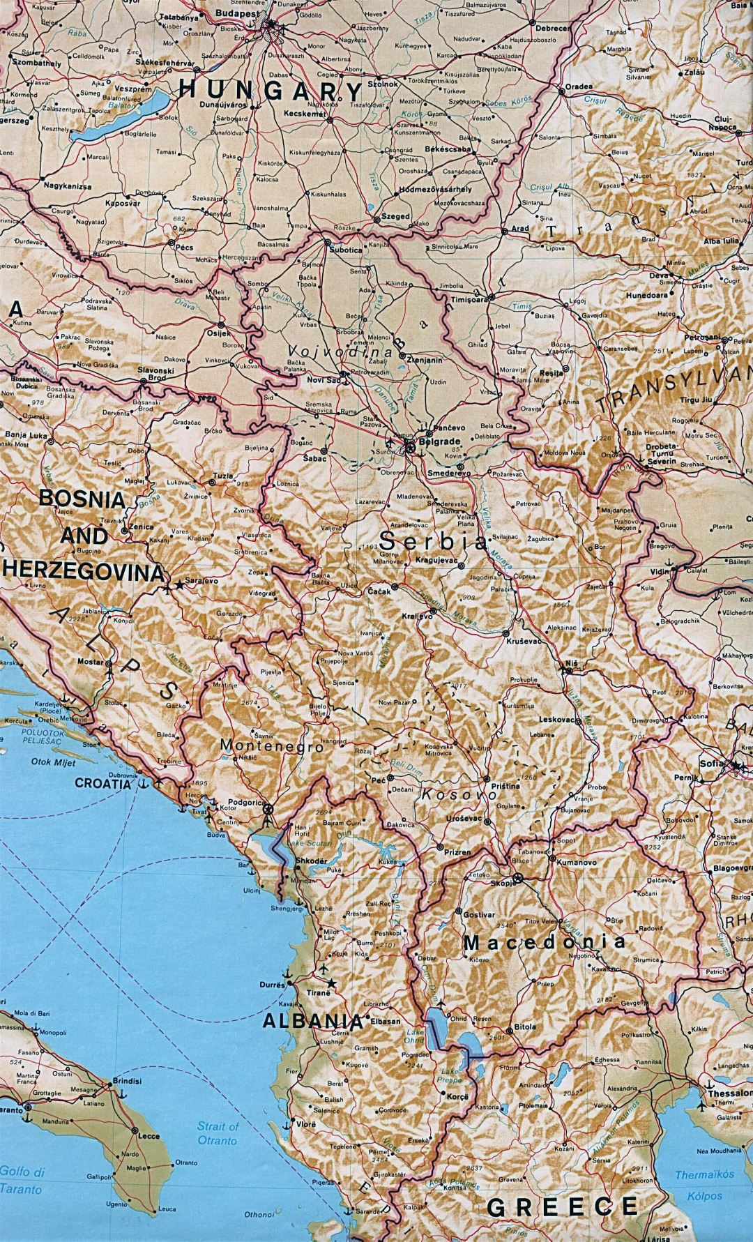 Large political map of North Balkans with relief
