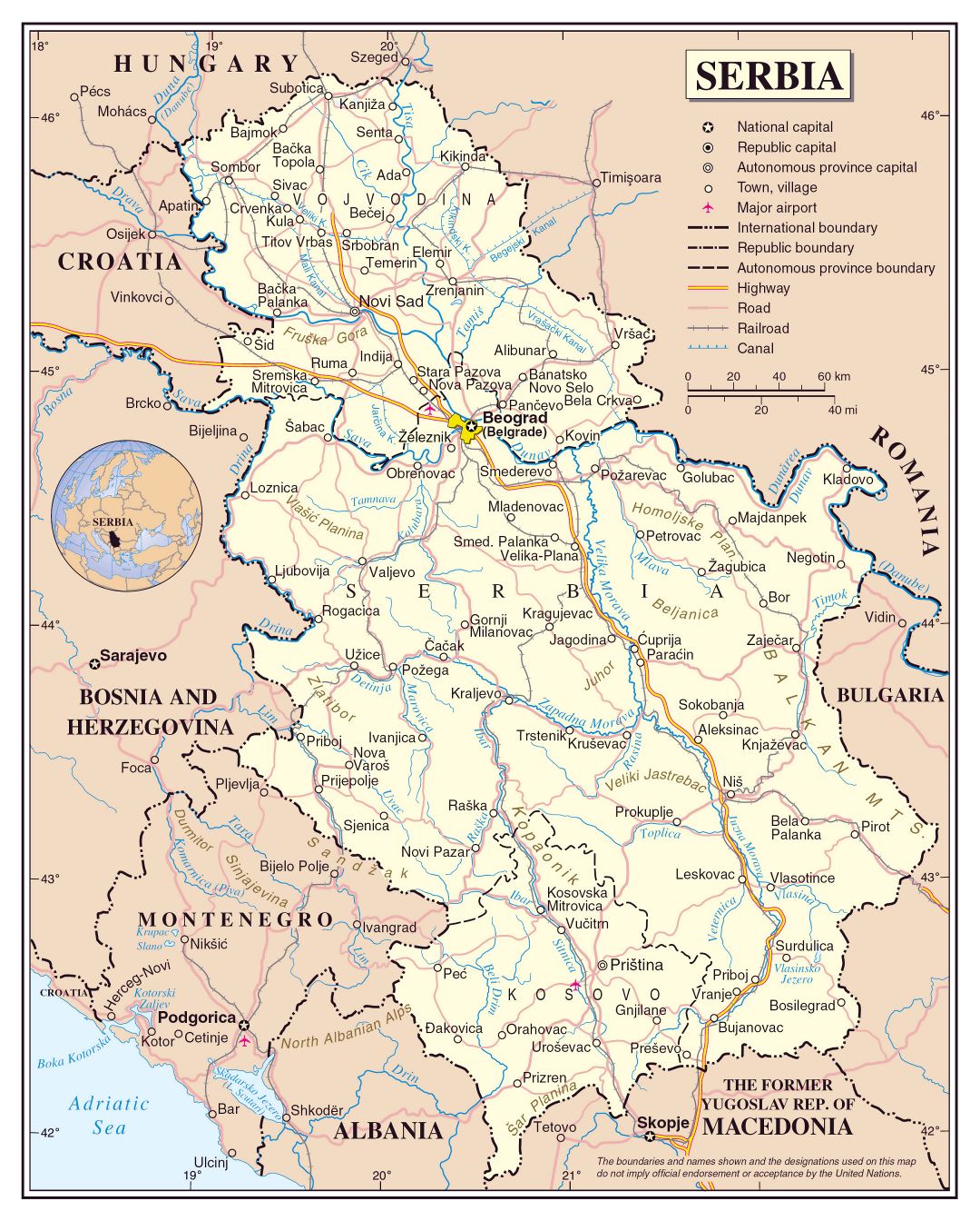 Large political map of Serbia with roads, railroads, major cities and airports