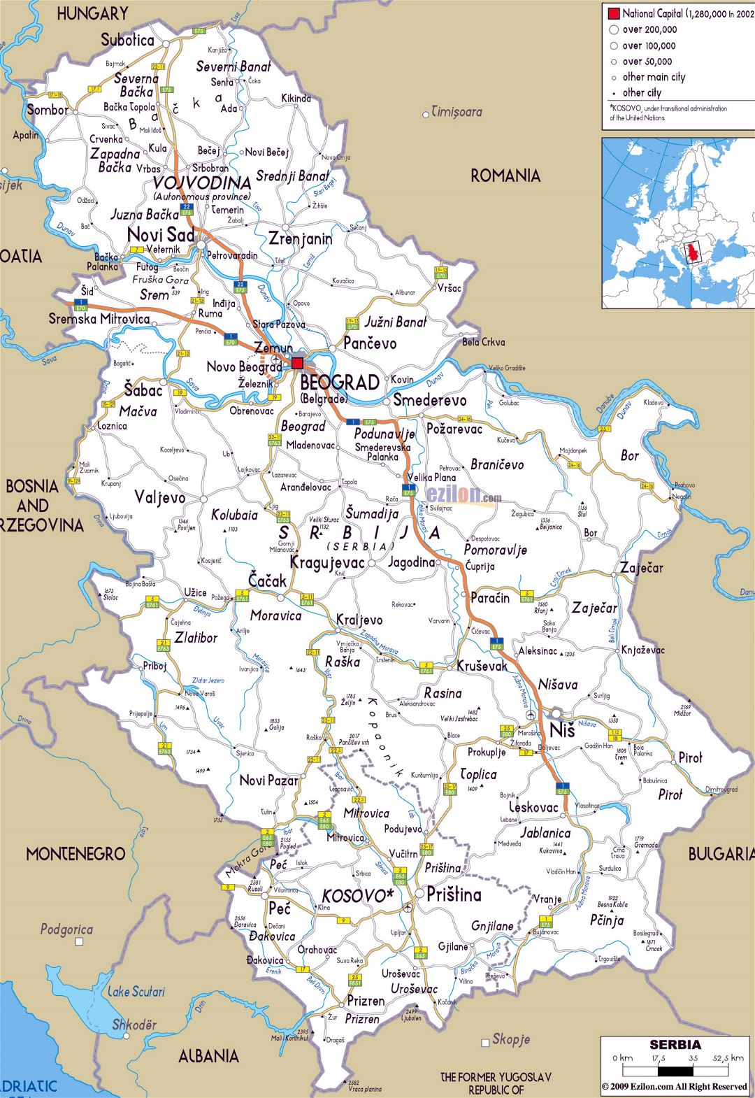 Large road map of Serbia with cities and airports