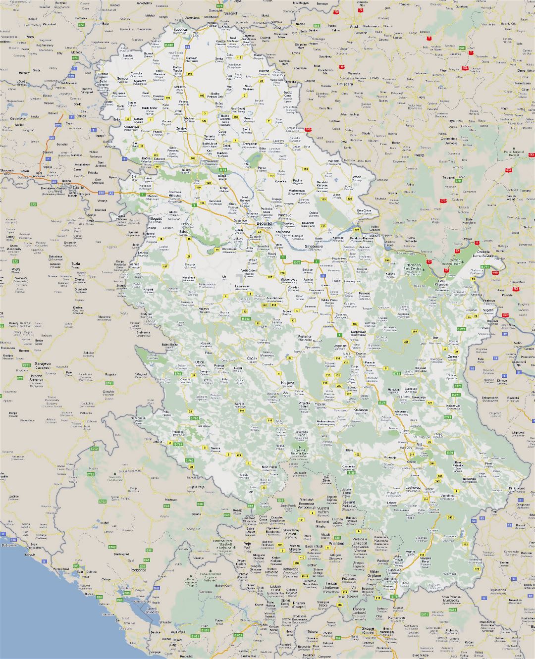 Large road map of Serbia with cities