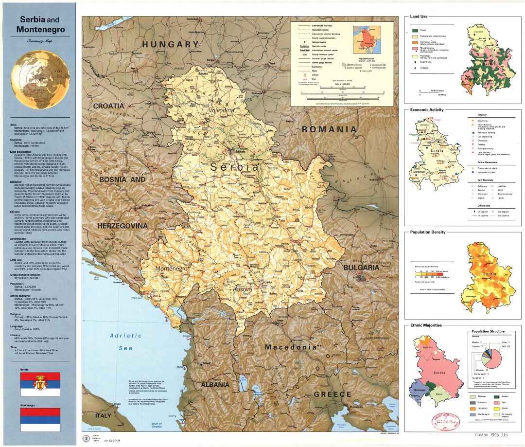 Large scale detailed summary map of Serbia and Montenegro - 1993