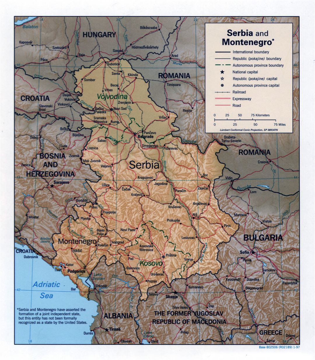 Large scale political map of Serbia and Montenegro with relief, roads, railroads and major cities - 1997