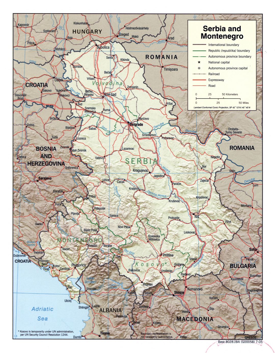 Large scale political map of Serbia and Montenegro with relief, roads, railroads and major cities - 2005