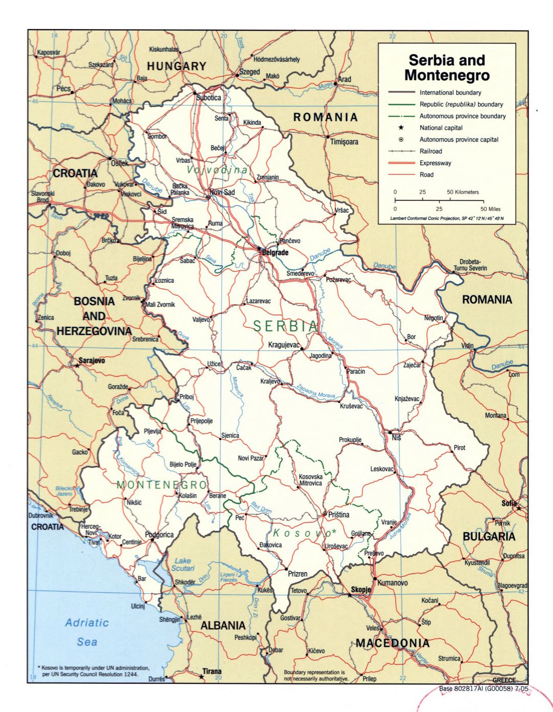 Large scale political map of Serbia and Montenegro with roads, railroads and major cities - 2005