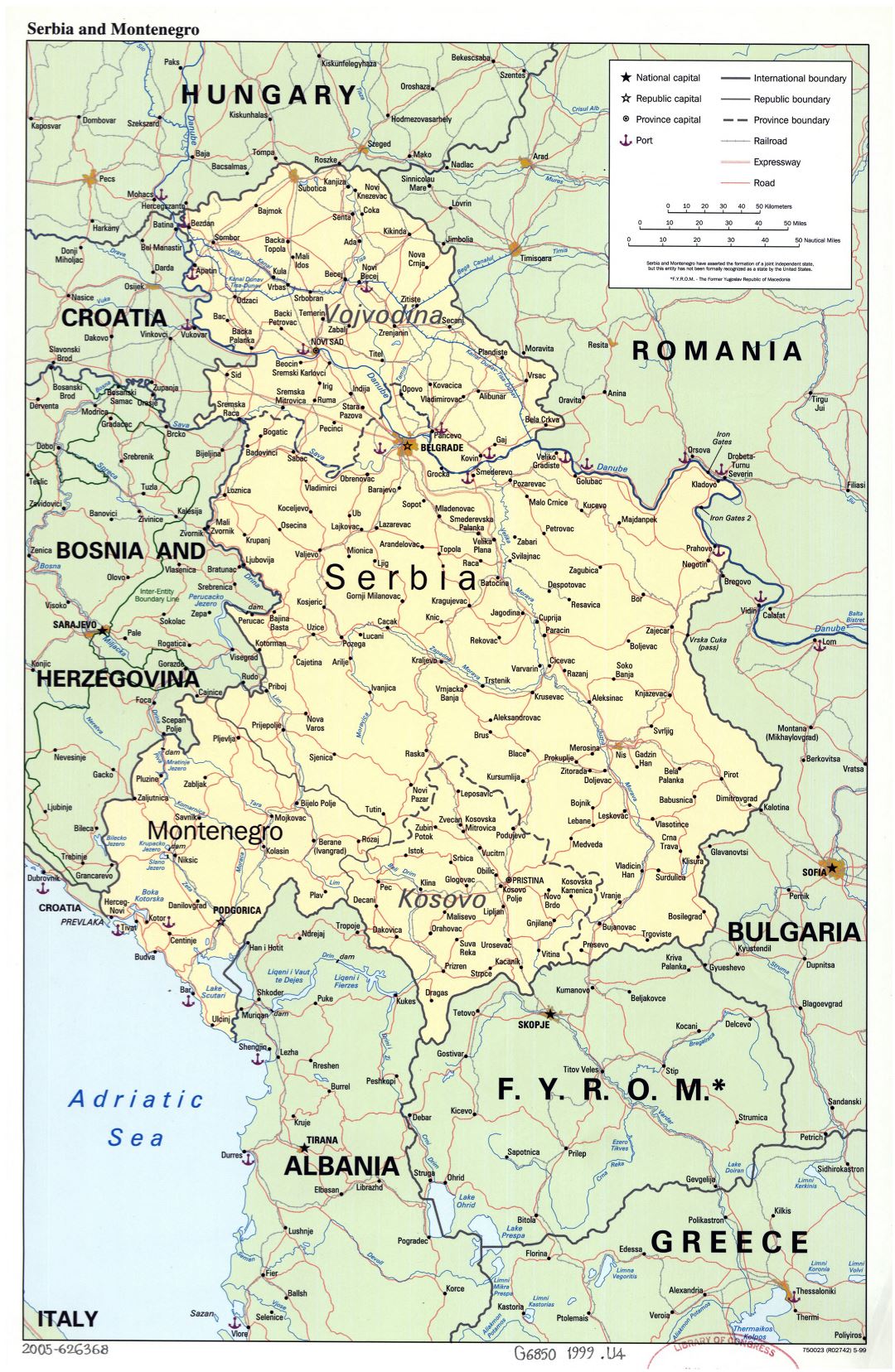 Large scale political map of Serbia, Montenegro and Kosovo with roads, railroads, ports and major cities - 1999