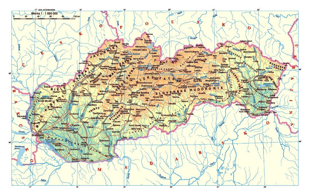 Detailed elevation map of Slovakia with roads, cities and airports