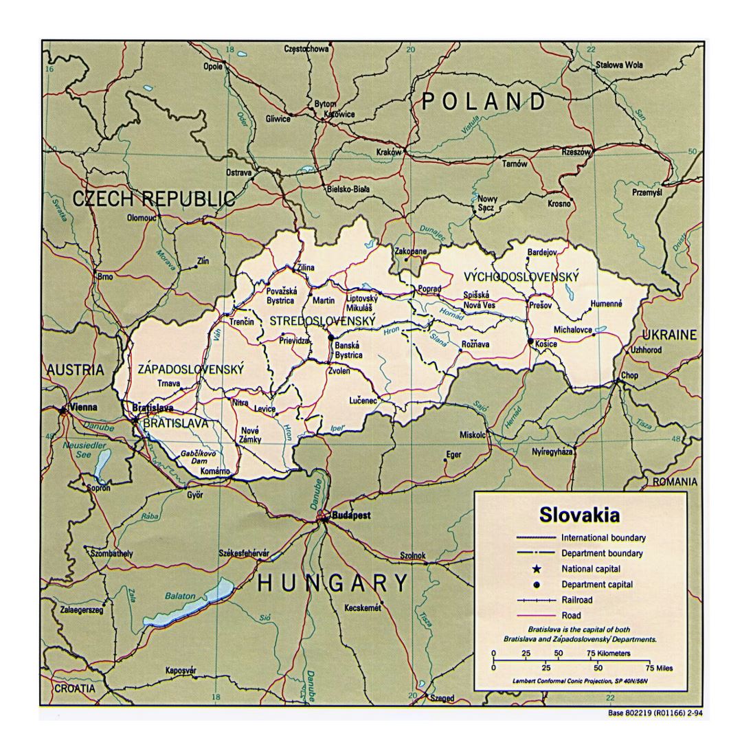 Detailed political and administrative map of Slovakia - 1994