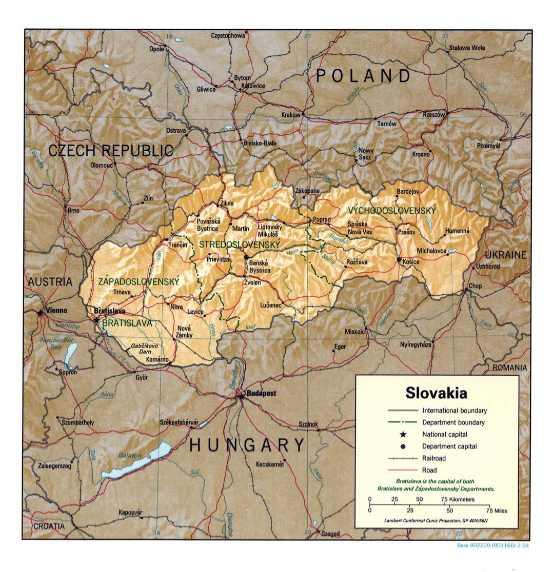 Large detailed political and administrative map of Slovakia with relief, roads, railroads and major cities - 1994