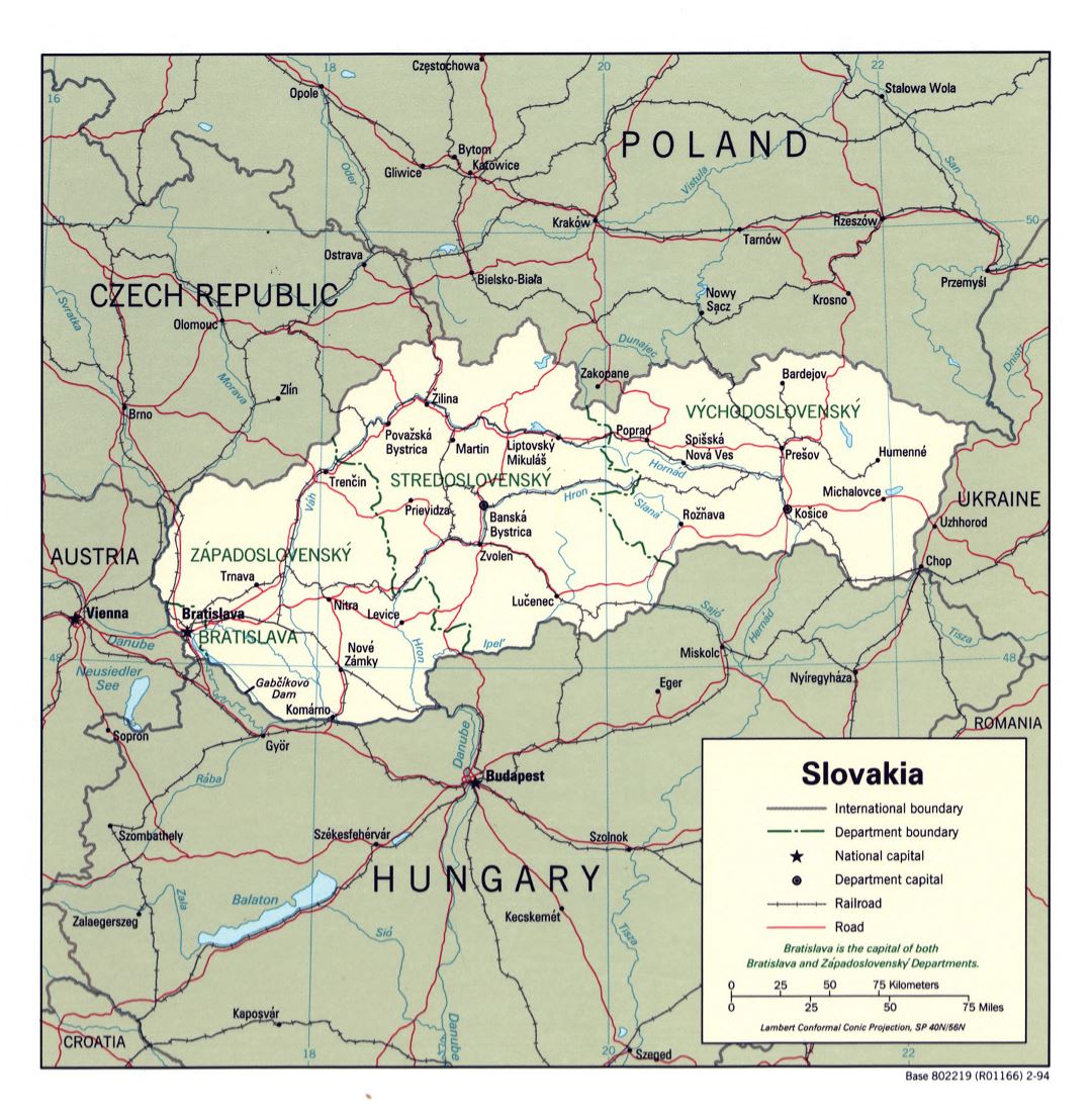 Large detailed political and administrative map of Slovakia with roads, railroads and major cities - 1994