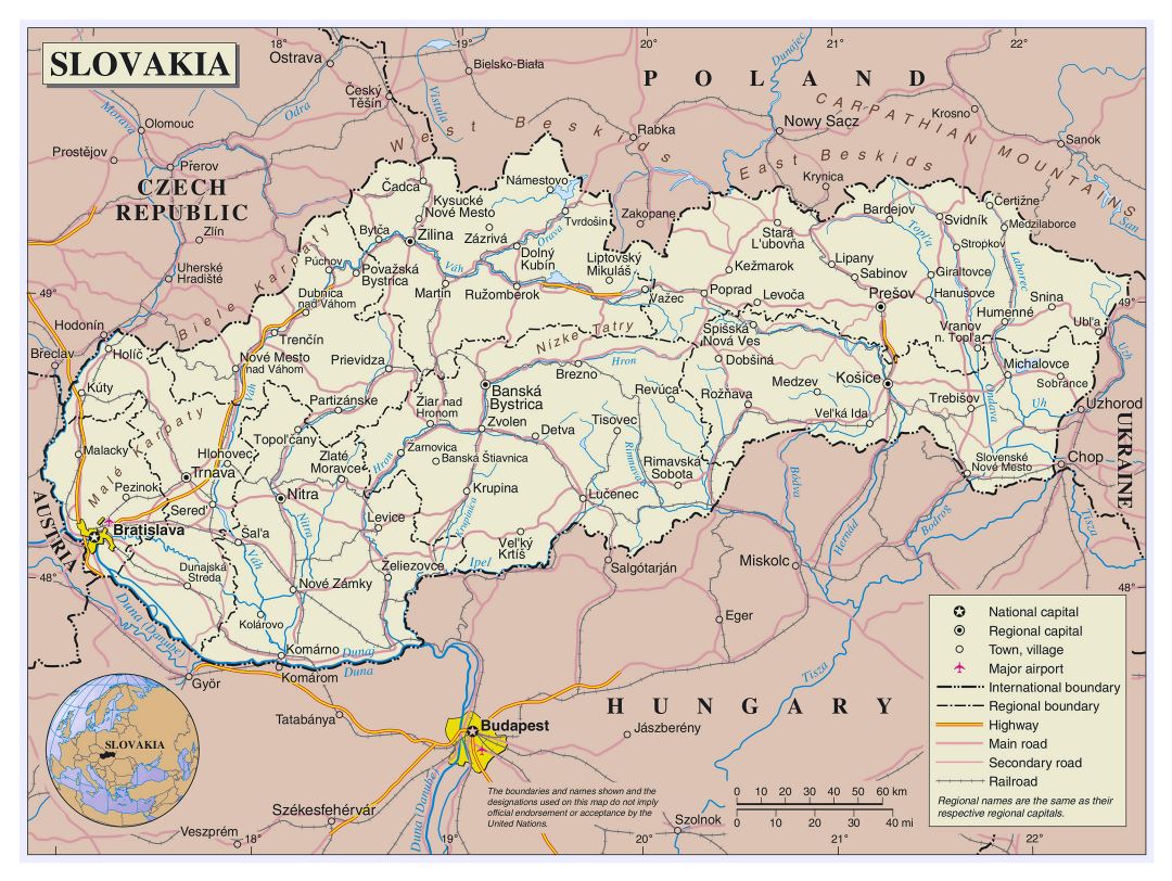 Large detailed political and administrative map of Slovakia with roads, railroads, major cities and airports