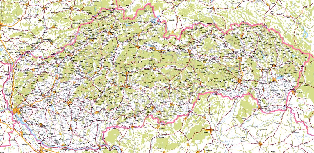 Large detailed road map of Slovakia with cities and villages