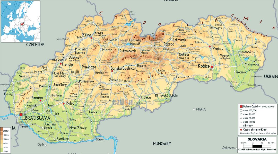 Large physical map of Slovakia with roads, cities and airports