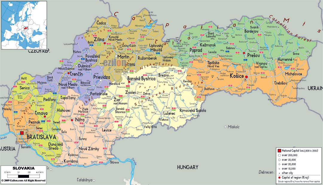 Large political and administrative map of Slovakia with roads, cities and airports