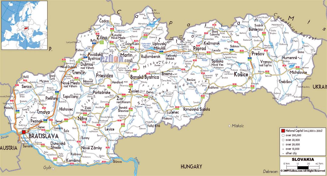 Large road map of Slovakia with cities and airports