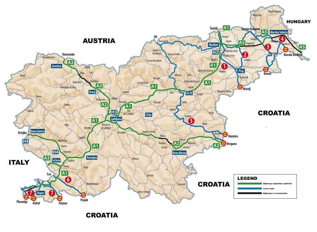 Large detailed international corridors, highways and local roads map of Slovenia