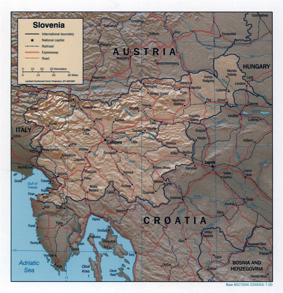 Large detailed political map of Slovenia with relief - 2000