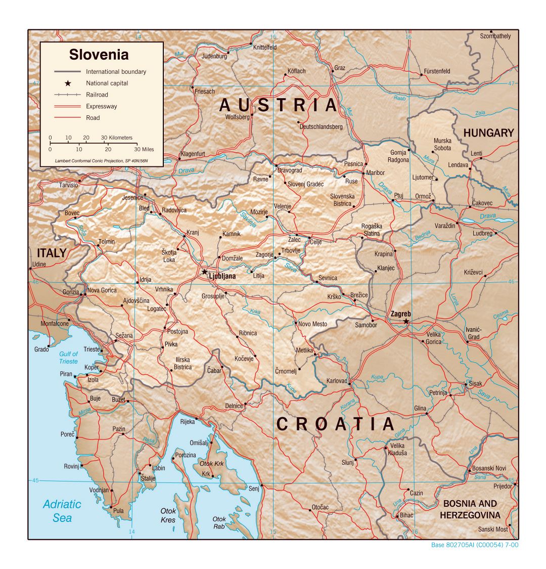 Large detailed political map of Slovenia with relief, roads, railroads and major cities - 2000