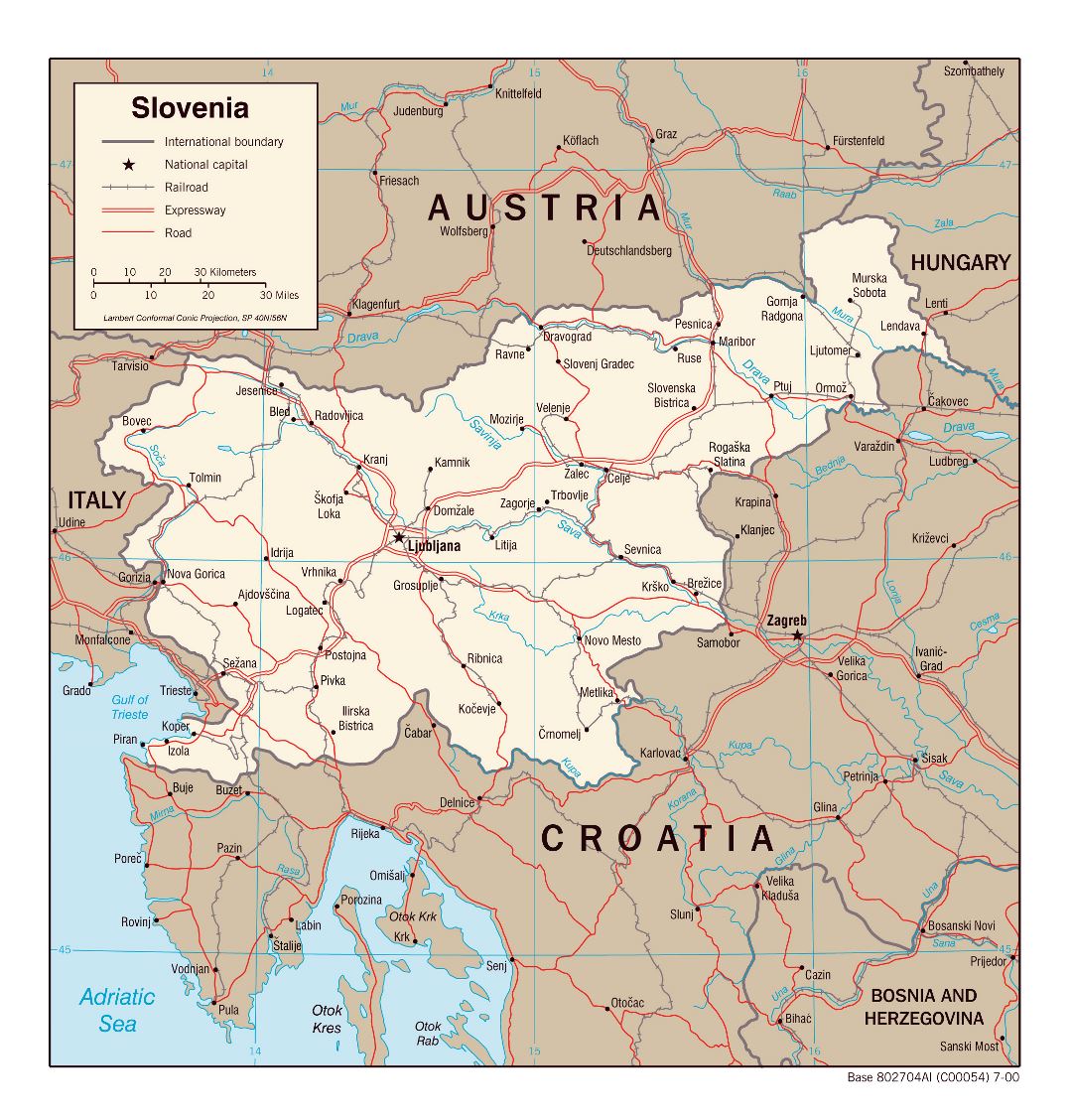 Large detailed political map of Slovenia with roads, railroads and major cities - 2000