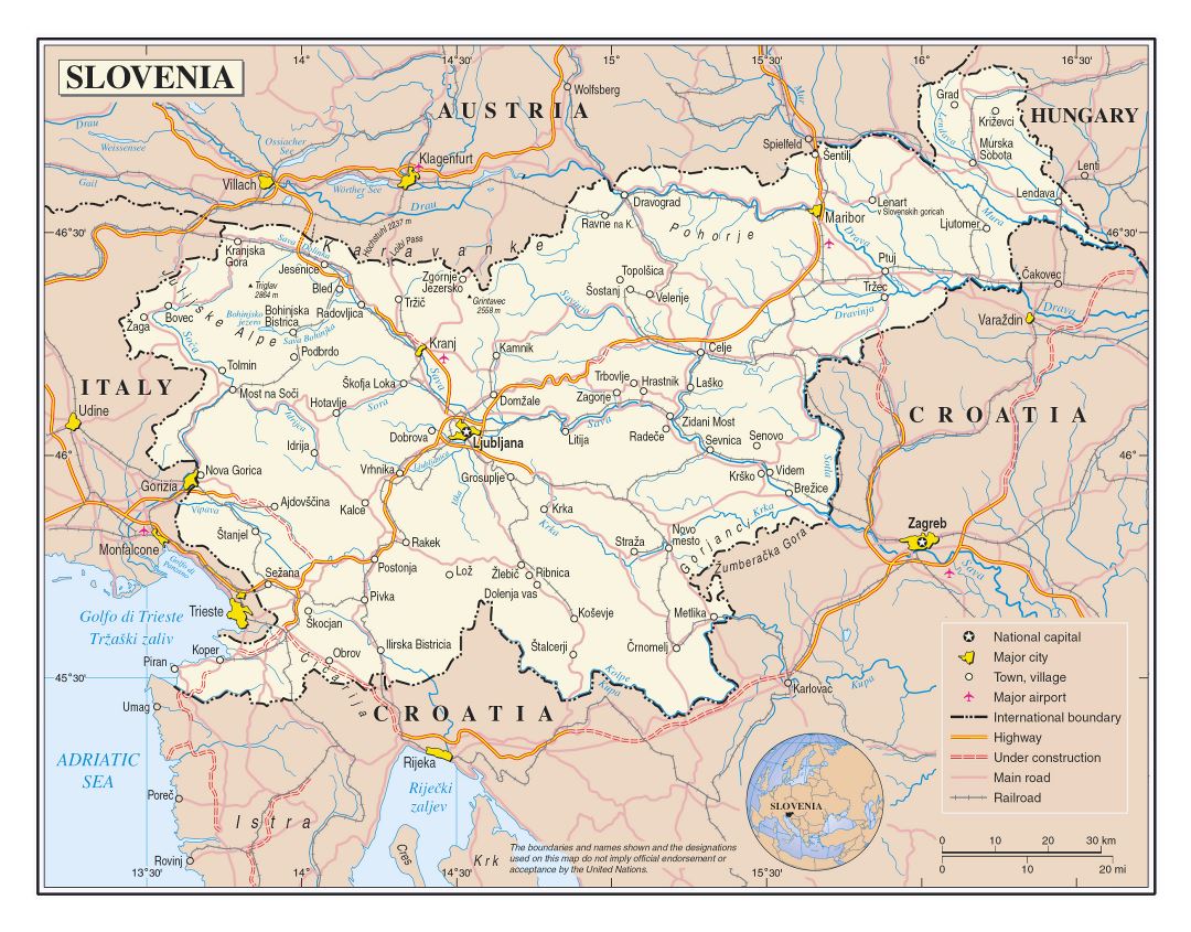 Large detailed political map of Slovenia with roads, railroads, cities and airports
