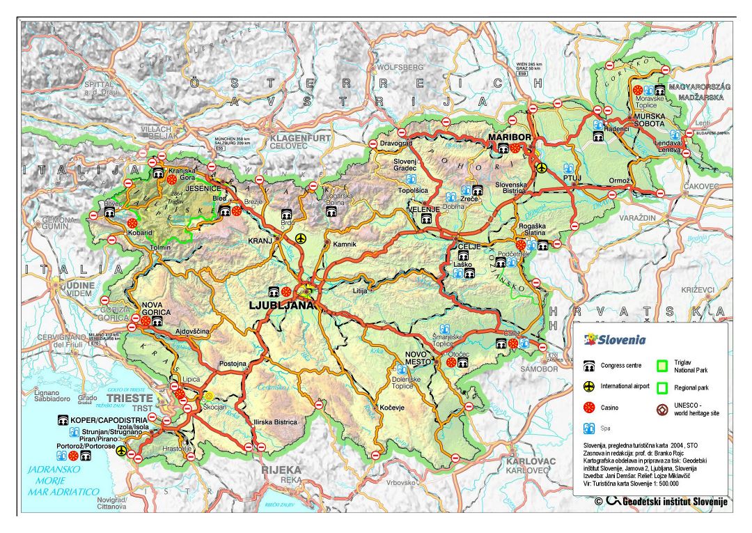 Large detailed road and travel map of Slovenia with relief