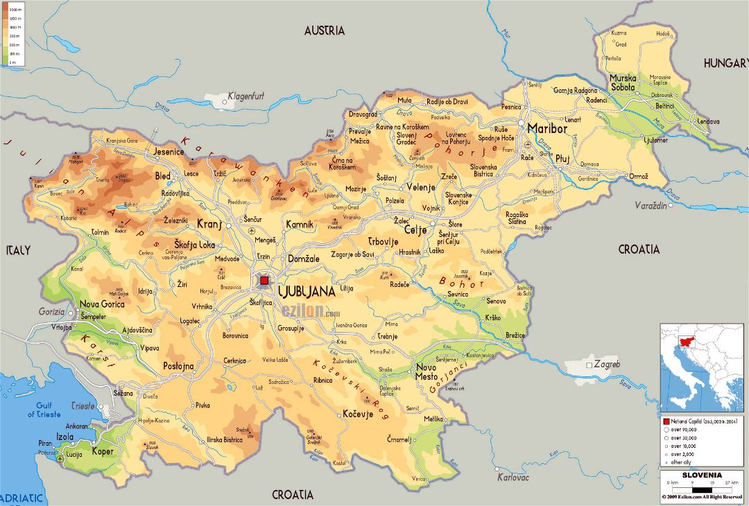 Large physical map of Slovenia with roads, cities and airports