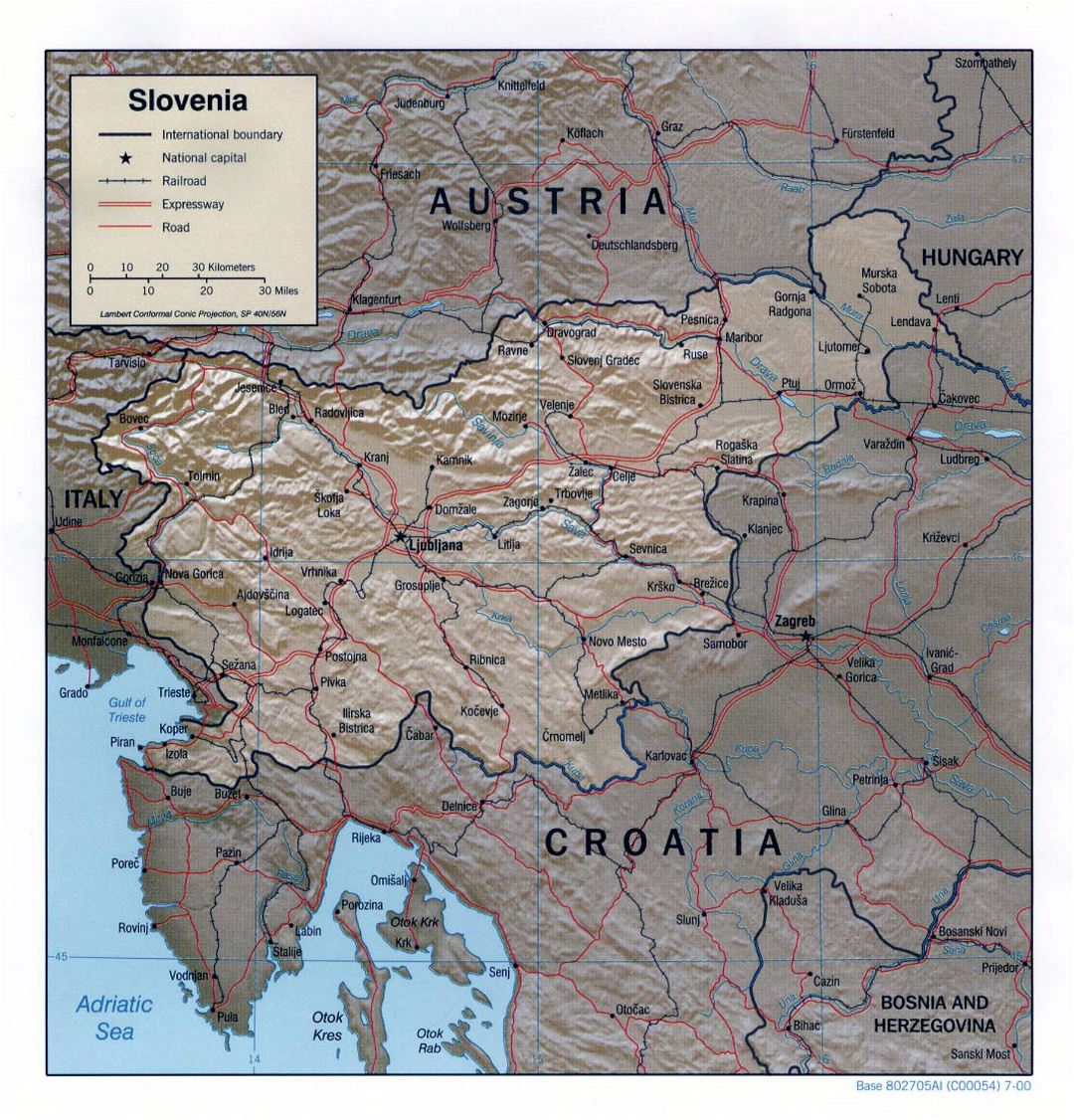Large political map of Slovenia with relief, roads, railroads and major cities - 2000