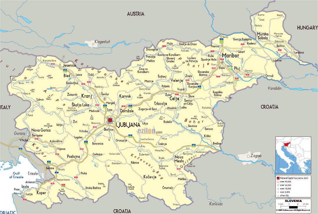 Large political map of Slovenia with roads, cities and airports